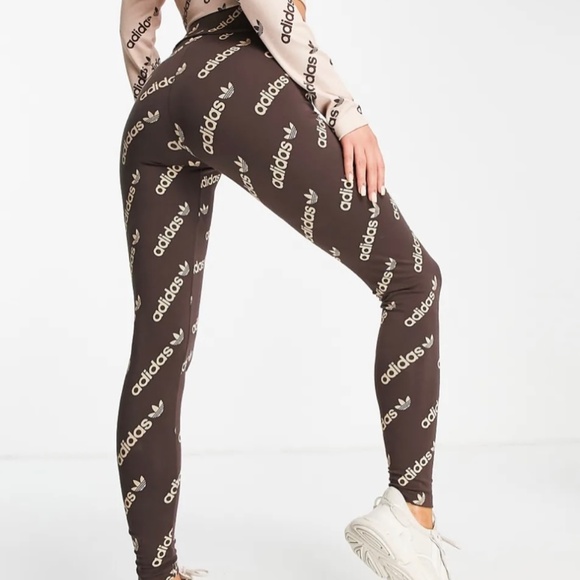 Adidas Originals Woman Logomania Repeat Logo Monogram Leggings Brown & Tan - Picture 7 of 7